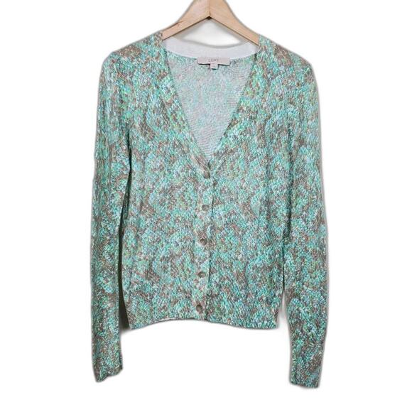 LOFT Floral Button Down Cardigan Green Gray Women Size M Lightweight Knit - Picture 1 of 10